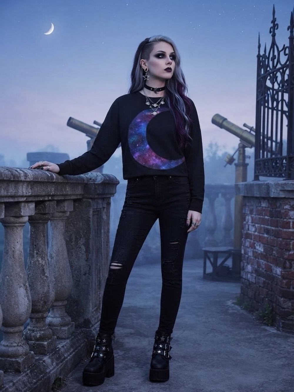 Hot Topic Black Galaxy Crescent Crewneck Sweater